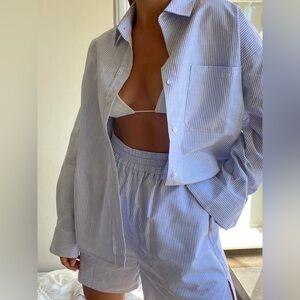 Djerf Avenue Breezy Shirt Blue Stripe Size S Button Down 100% Cotton